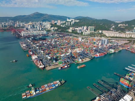 Kwai Tsing, Hong Kong 05 December 2021: Drone fly over the cargo terminal port