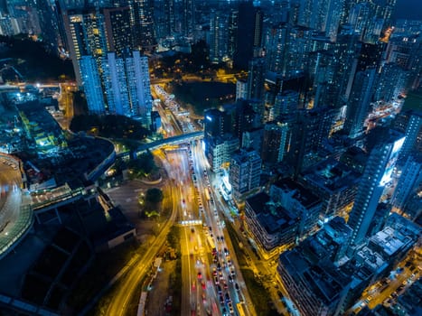 Hung Hom, Hong Kong 25 January 2022: Aerial view of Hong Kong city at night