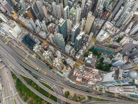 Hong Kong 08 February 2022: Top view of Hong Kong city in Sheung Wan