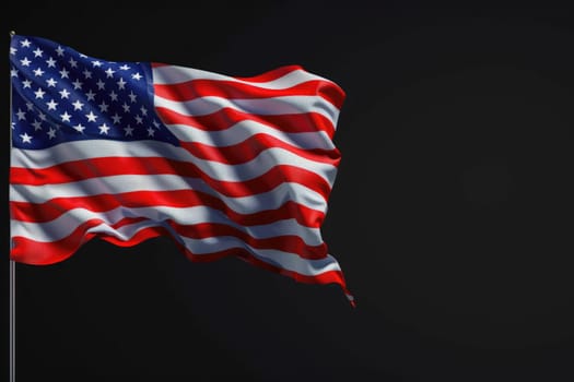 Isolated American flag with stars and stripes waving in wind on pole against black background. AI Generated.