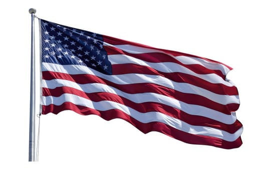 Isolated US flag with stars and stripes waving in wind on pole against white background. AI Generated.