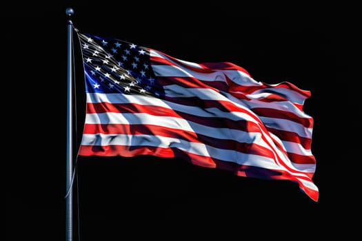 Isolated American flag with stars and stripes waving in wind on pole against black background. AI Generated.