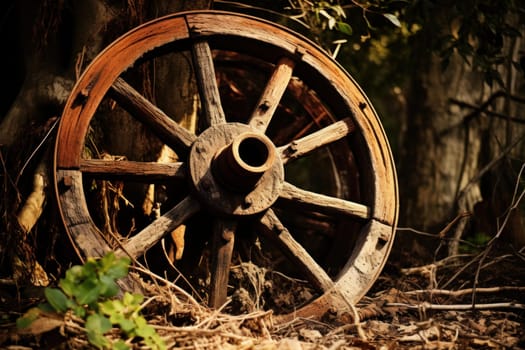Rustic old wheel scene. Rustic wooden wooden cart. Generate Ai