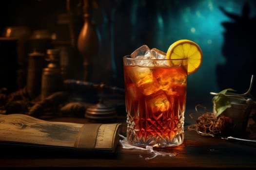Rum beach drink. Glass fruit. Generate Ai