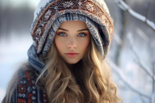 Russian girl winter clothes sunny light. Park natural cheerful adorable cute. Generate Ai