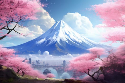 Sakura tree and big mountains. Fantasy scenery. Generate Ai