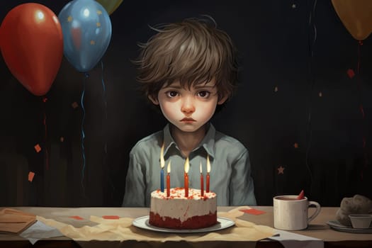Sad boy birthday. Alone little guy sitting with celebration cake. Generate ai