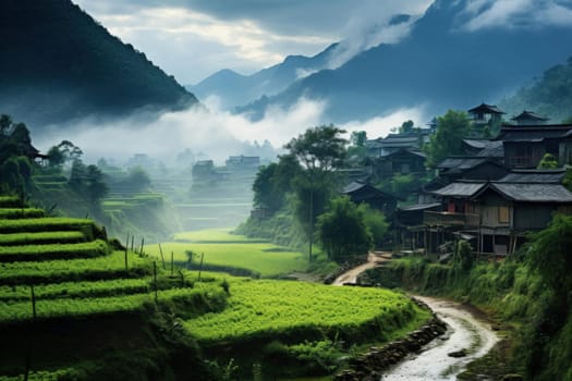 Rural scene village mountains water home. Tourism scenic. Generate Ai