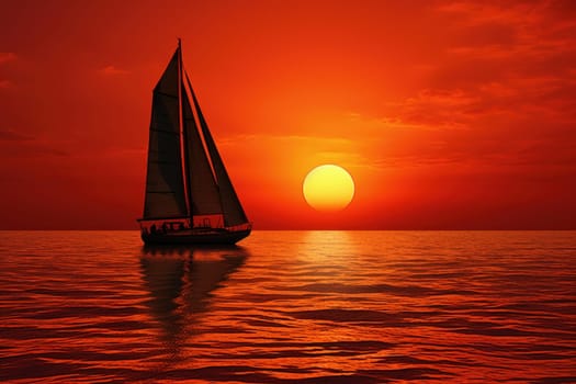 Sailboat red sunset. Ocean boat. Generate Ai