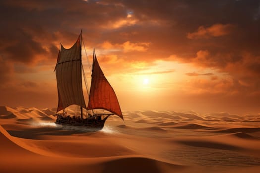 Majestic Sailboat desert sunset. Sun summer. Generate Ai