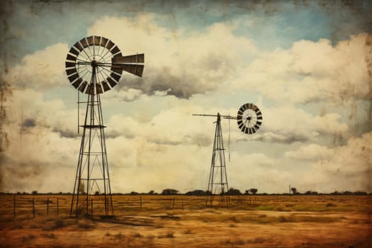 Autumn field windmills sunset. Scene travel. Generate Ai