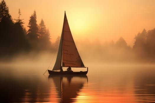 Sailboat foggy lake. Park ghost. Generate Ai