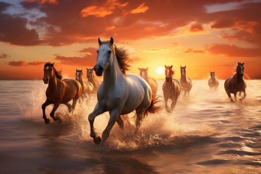 Running horses sunrise. Nature animal. Generate Ai
