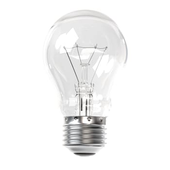 Clear glass incandescent bulb with visible filament, isolated on a pure white backdrop. 3d render