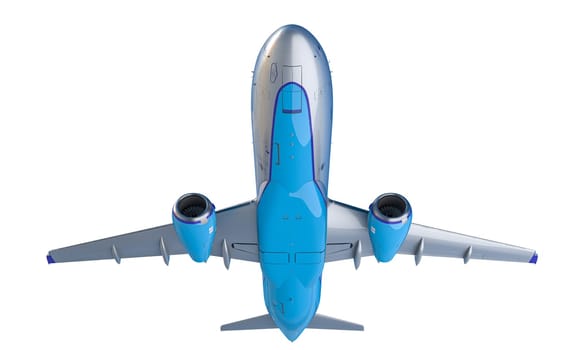 Bottom view of a commercial aeroplane isolated on a white background. 3d render