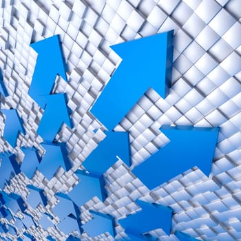 Vibrant blue 3d arrows showing upward movement, set against a modern pixelated backdrop 3d render
