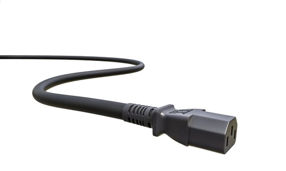 Isolated image of a black power cord with a three-prong plug, ideal for electronics themes 3d render