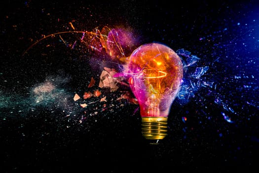 High-speed capture of a light bulb shattering with bright, colorful sparks
