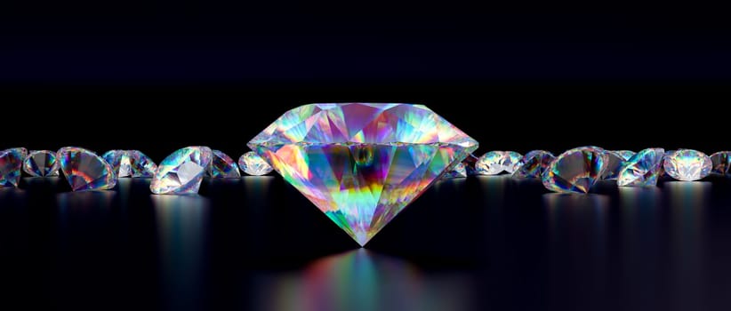 Brilliant diamond stands out among gems against a dark background with reflections 3d render