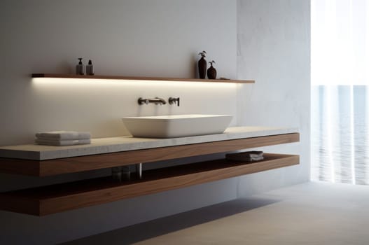 Sinks minimalist bathroom mirror. Home room. Generate Ai