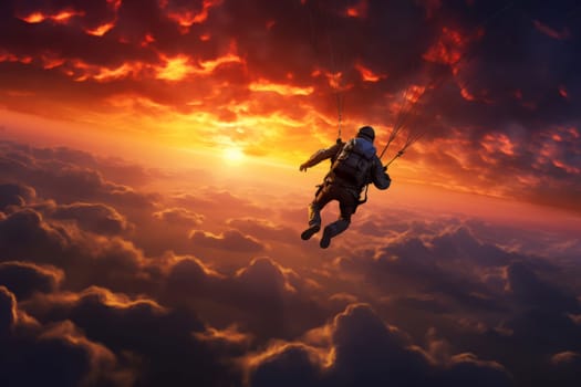 Skydiver sunset. Sport adventure travel. Generate Ai