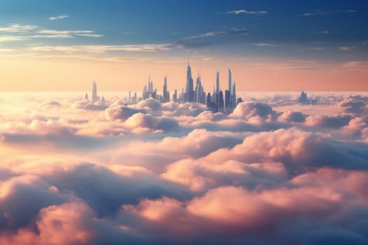 Pink clouds skyscraper. Nature pastel. Generate Ai