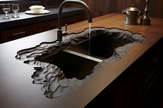Sink faucet kitchen counter. Cold stream. Generate ai