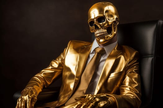 Skeleton gold suit dark. Scary dead. Generate Ai