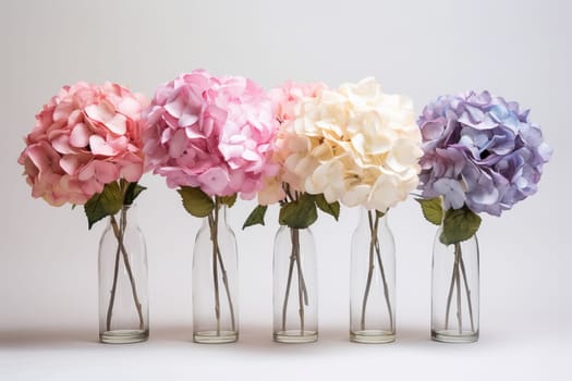 Six artificial hydrangeas. Floral colorful decoration in glass vases. Generate ai
