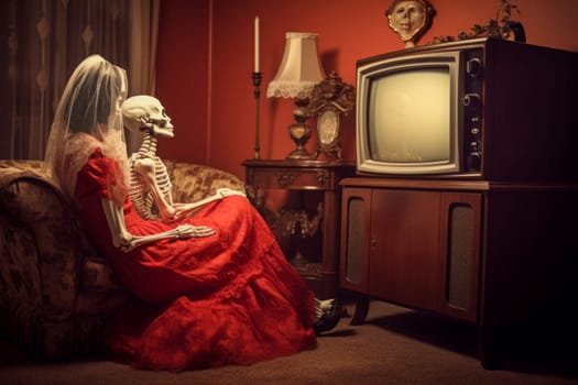 Skeletons watching tv. Mummified creatures sitting couch eating and drinking beverages. Generate AI