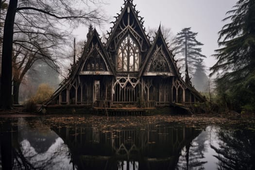 Skeleton robe house lake. Gothic mist. Generate Ai