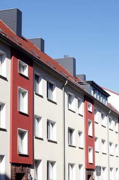 Window front, modern, red and white residential building, Findorff, Bremen, Germany
