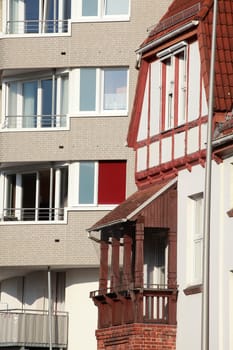 High-rise building with half-timbered house, residential building, multi-family houses, Bremen, Germany