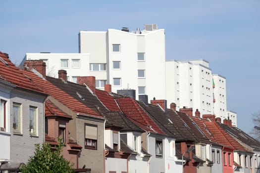 High-rise building with terraced houses, residential building, multi-family houses, Bremen, Germany