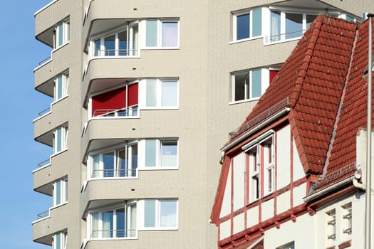 High-rise building with half-timbered house, residential building, multi-family houses, Bremen, Germany