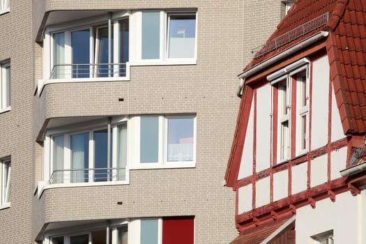 High-rise building with half-timbered house, residential building, multi-family houses, Bremen, Germany