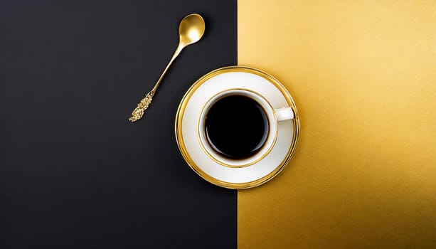 Cup of coffee on gold black background. Minimalistic flat lay. Top view.