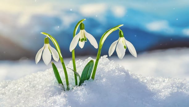 Snowdrop flowers growing in snowdrift in early spring. Beautiful springtime nature background.