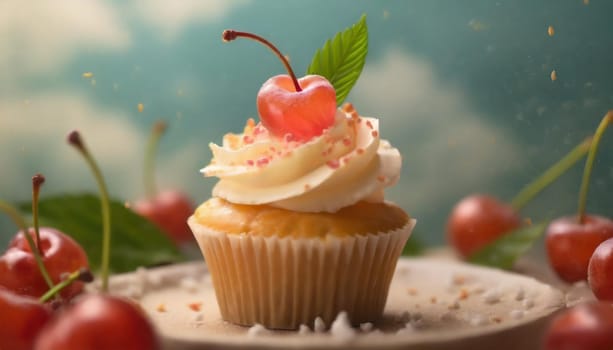 Sweet cupcake decorated cherry berry against fantasy sky background for birthday concept.