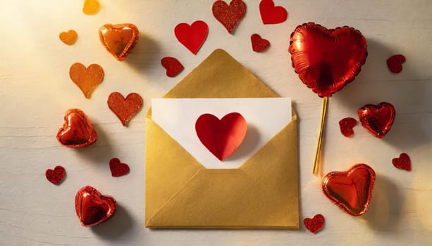 Saint Valentine day holiday background with envelope, paper card and various red hearts for love romantic message. Flat lay composition..