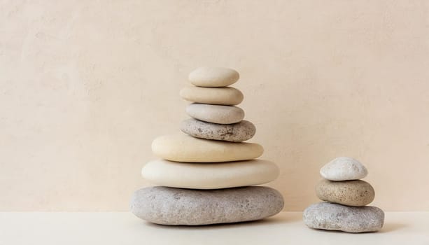 Spa, balance, meditation and zen minimal modern concept. Stack of stone pebbles against beige wall for design and presentation.