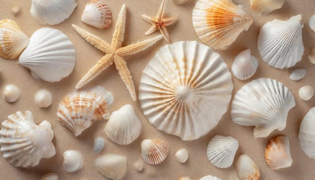 Top view of a sandy beach with collection of seashells and starfish as natural textured background for aesthetic summer design