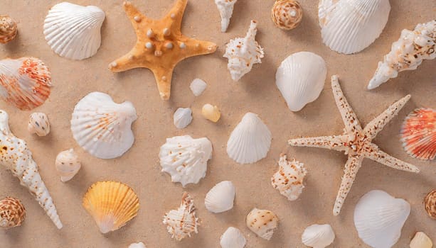 Top view of a sandy beach with collection of seashells and starfish as natural textured background for aesthetic summer design