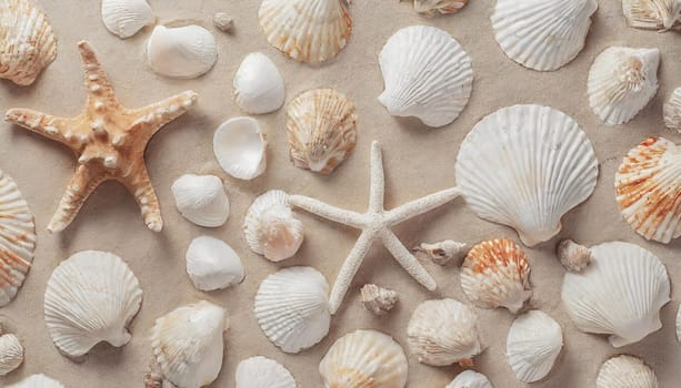 Top view of a sandy beach with collection of seashells and starfish as natural textured background for aesthetic summer design