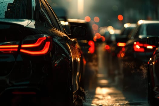 Blurred background of city car traffic jam night lights. AI generated