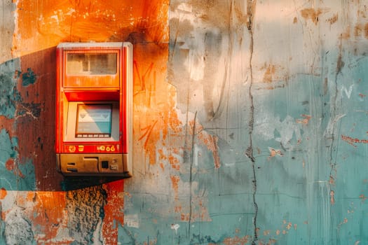 Damaged, abandoned retro ATM, out of order destroyed cash machine. Financial crisis abstract concept. AI generated