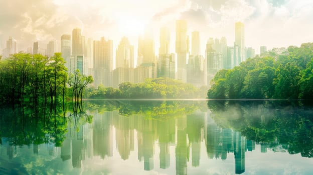 Double exposure with modern buildings and nature, concept of technology and nature stay together. AI generated