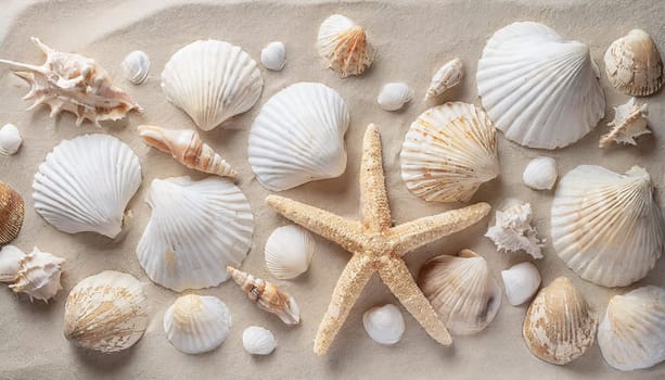 Top view of a sandy beach with collection of seashells and starfish as natural textured background for aesthetic summer design