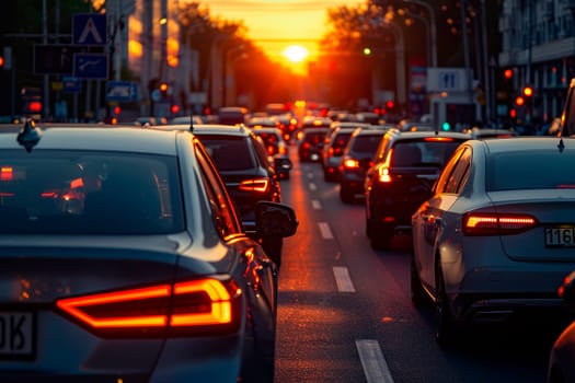 Cars in a traffic jam on the big city street at evening time. AI generated