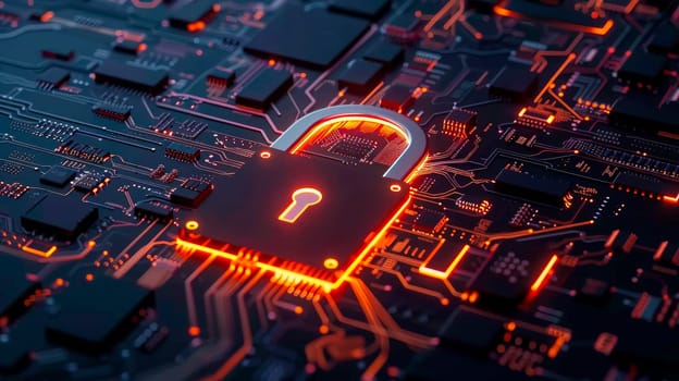 Cyber security and protection of private information and data concept. Lock on computer integrated circuit. Firewall from hacker attack. AI generated